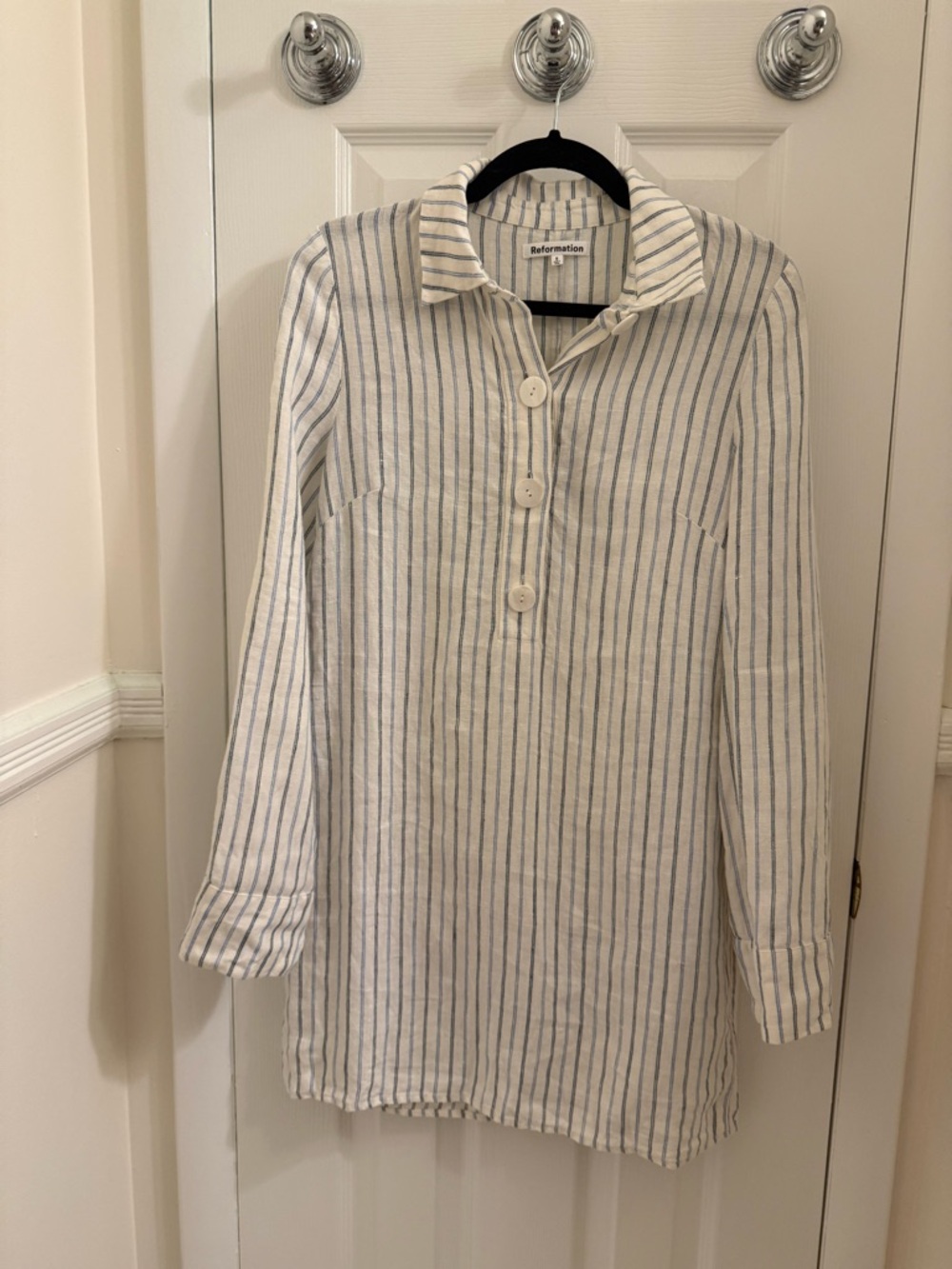 Reformation Linen Shirt Dress with Blue Stripes